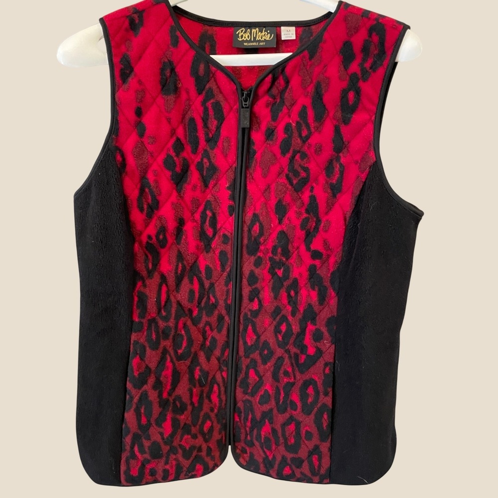 Bob Mackie Wearable Art Red Black Leopard Print Quilted Fleece Vest Medium